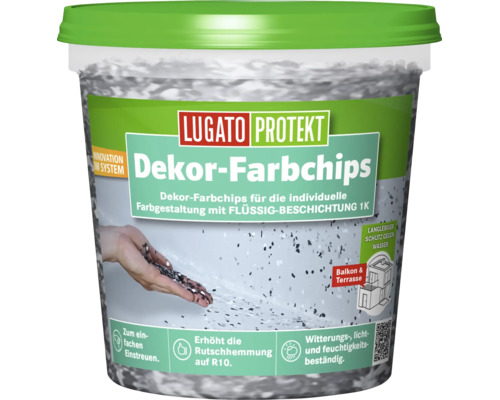 Seau avec flocons décoratifs Lugato Protekt pour la finition de revêtements de sol sur balcons et terrasses.