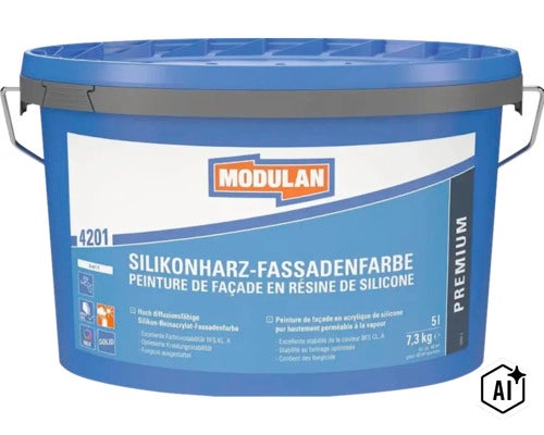 Peinture de façade en résine de silicone Modulan 4201 en seau, 5 litres pour travaux de façade. (Image AI modified or generated)