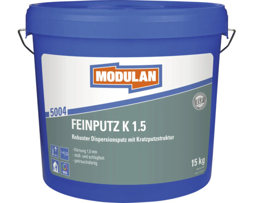 Enduit de finition Modulan K 1.5 dans un seau de 15 kilogrammes pour une structure d'enduit de dispersion robuste avec grain de 1,5 millimètre.