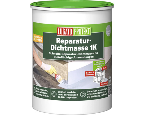 Masse d’étanchéité de réparation Lugato Protekt 1K pour petites surfaces, renforcée par des fibres et résistante aux intempéries pour toit et balcon.