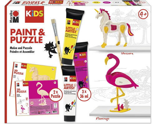 Marabu Kids Paint and Puzzle Set mit zwei 3D Puzzles Einhorn und Flamingo, Bastelfarben und Pinsel für Kinder ab vier Jahren.