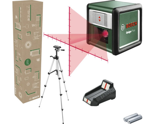 Bosch Kreuzlinienlaser Quigo Plus mit Stativ, Montagehilfe, Batterien und Verpackung