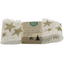 Ruban décoratif en fibres naturelles avec motif étoiles sur rouleau avec informations produit et détails du fabricant.