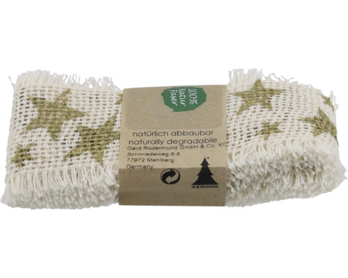 Ruban décoratif en fibres naturelles avec motif étoiles sur rouleau avec informations produit et détails du fabricant.