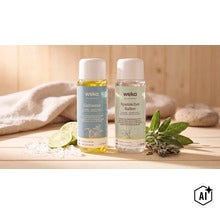 Deux concentrés d infusion pour sauna Weka aux parfums citron glacé et sauge espagnole en flacons en plastique de 250 millilitres chacun. (Image AI modified or generated)