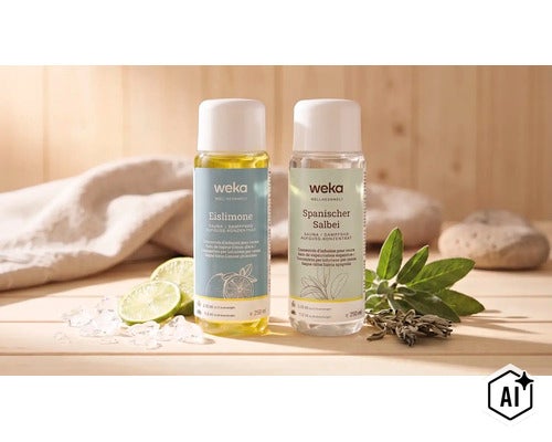 Deux concentrés d infusion pour sauna Weka aux parfums citron glacé et sauge espagnole en flacons en plastique de 250 millilitres chacun. (Image AI modified or generated)