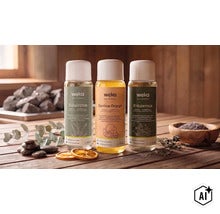 Drei Flaschen Weka Sauna Aufguss Konzentrat in den Sorten Eukalyptus Exotica Orange und Kräutermix in einer Saunaumgebung (Image AI modified or generated)