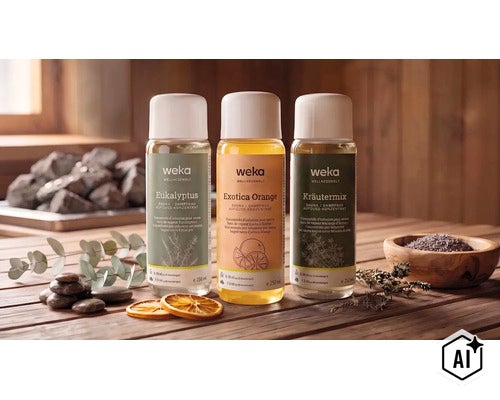 Drei Flaschen Weka Sauna Aufguss Konzentrat in den Sorten Eukalyptus Exotica Orange und Kräutermix in einer Saunaumgebung (Image AI modified or generated)