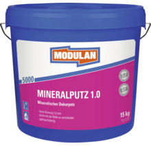 Enduit minéral décoratif Modulan 1.0 dans un seau de 15 kilogrammes avec un grain de 1,0 millimètre pour l'intérieur.