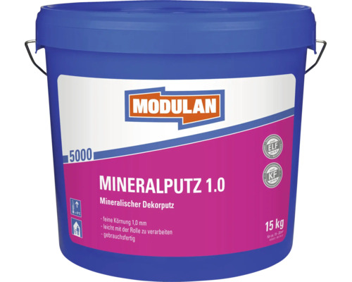 Enduit minéral décoratif Modulan 1.0 dans un seau de 15 kilogrammes avec un grain de 1,0 millimètre pour l'intérieur.