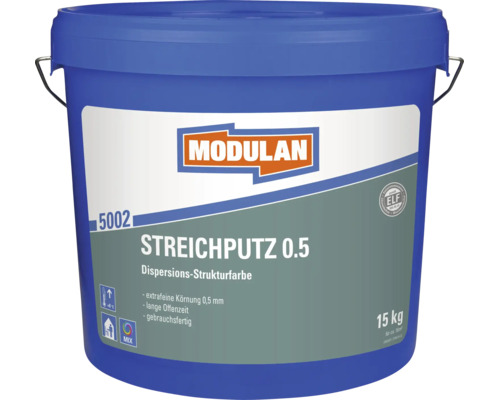 Enduit à la brosse Modulan 5002 en seau de 15 kilogrammes, peinture structurée en dispersion avec grain de 0,5 millimètre, prêt à l'emploi.