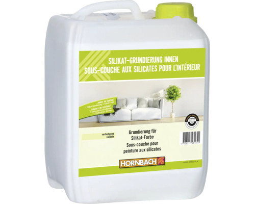Sous-couche aux silicates HORNBACH pour intérieur, solidifiante, en bidon plastique, à utiliser avant l'application de peinture aux silicates.