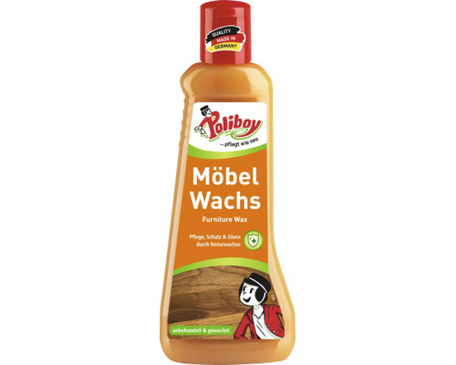 Poliboy Möbelwachs zur Pflege und zum Schutz von Holzmöbeln in einer Kunststoffflasche.