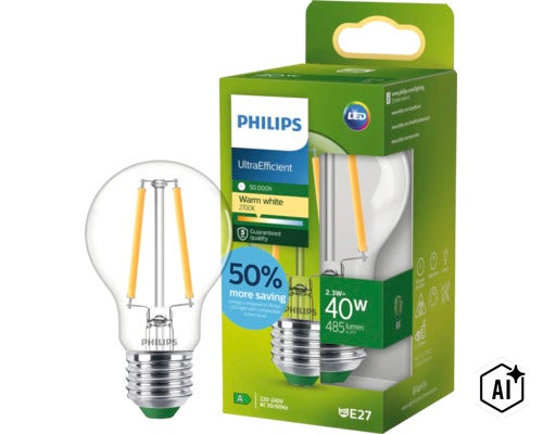 Ampoule LED à filament Philips UltraEfficient E27, 2,3 Watt, 485 lumen, blanc chaud 2700 Kelvin, durée de vie 50000 heures, remplace 40 Watt. (Image AI modified or generated)