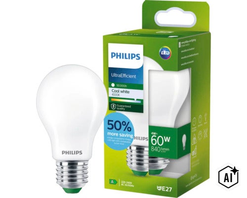 Ampoule LED Philips E27, 4 Watts remplace 60 Watts, 840 lumens, 4000 Kelvin, blanc froid, classe énergétique A, 50.000 heures de durée. (Image AI modified or generated)