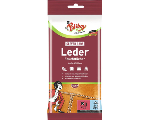 Lingettes humides pour cuir Poliboy pour le nettoyage et l'entretien du cuir lisse, incluant une mention sur le plastique et l'élimination.