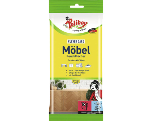 Lingettes humides pour meubles Poliboy Clever Care pour le nettoyage et l entretien des surfaces en bois, emballage avec plastique, Made in Germany.