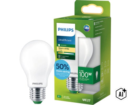 Ampoule LED Philips E27 7.3 watts 1535 lumens blanc chaud 2700 kelvins dans son emballage (Image AI modified or generated)