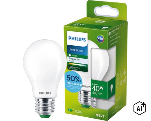 Lampe LED Philips UltraEfficient, culot E27, 2,3 watts remplace 40 watts, 485 lumens, lumière blanc froid 4000 kelvins, longue durée. (Image AI modified or generated)