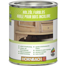 Dose mit farblosem Holzoel für die Pflege und Imprägnierung von Holzoberflächen, Hornbach Logo.