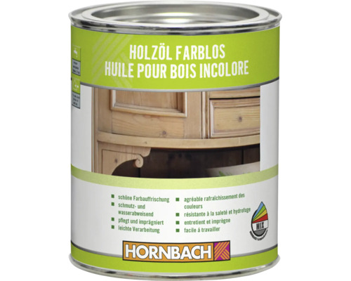 Dose mit farblosem Holzoel für die Pflege und Imprägnierung von Holzoberflächen, Hornbach Logo.