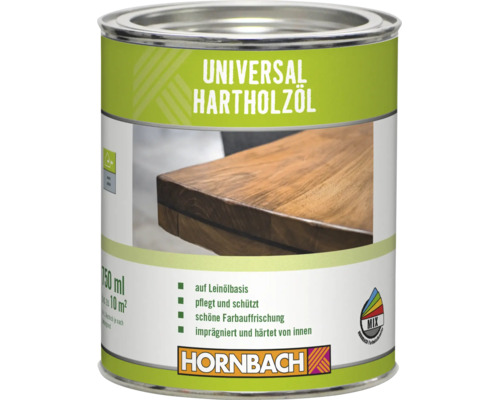 Dose Universal Hartholzöl auf Leinölbasis zur Pflege und zum Schutz von Holzoberflächen mit Hornbach Logo