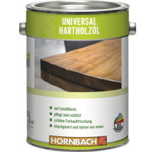 Dose mit Universal Hartholzöl zur Pflege und zum Schutz von Holzoberflächen, 0,5 Liter Gebinde, Hornbach Logo und Farbmischcenter Logo.
