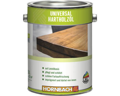 Dose mit Universal Hartholzöl zur Pflege und zum Schutz von Holzoberflächen, 0,5 Liter Gebinde, Hornbach Logo und Farbmischcenter Logo.