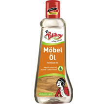 Huile pour meubles Poliboy pour l entretien et la protection des meubles en bois brut ou huilé dans un flacon en plastique.