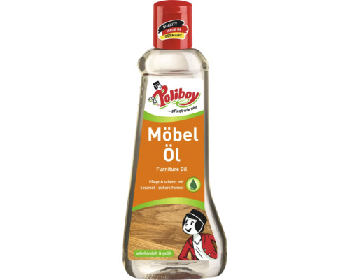 Huile pour meubles Poliboy pour l entretien et la protection des meubles en bois brut ou huilé dans un flacon en plastique.