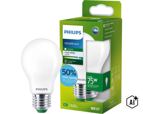 Ampoule LED Philips UltraEfficient E27 5,2 Watts 1095 Lumens 4000 Kelvin lumière blanche froide dans son emballage (Image AI modified or generated)