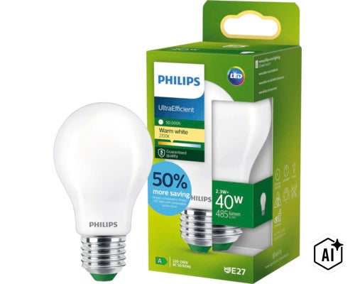 Lampe LED Philips UltraEfficient E27, 2,3 Watt équivalent 40 Watt, 485 lumens, lumière blanc chaud 2700 Kelvin, 50000 heures de durée de vie (Image AI modified or generated)