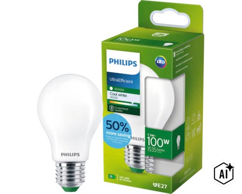 Ampoule LED Philips UltraEfficient E27, 7,3 watts, équivalent 100 watts, 1535 lumens, 4000 kelvins, lumière blanche froide, longue durée de vie (Image AI modified or generated)