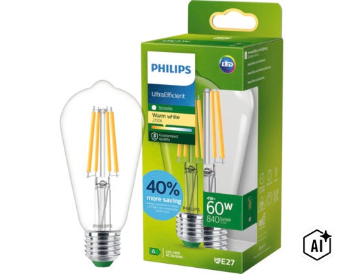 Ampoule LED à filament Philips UltraEfficient E27, 4 Watt, 840 lumens, blanc chaud 2700 Kelvin, durée de vie 50000 heures, remplace 60 Watt. (Image AI modified or generated)