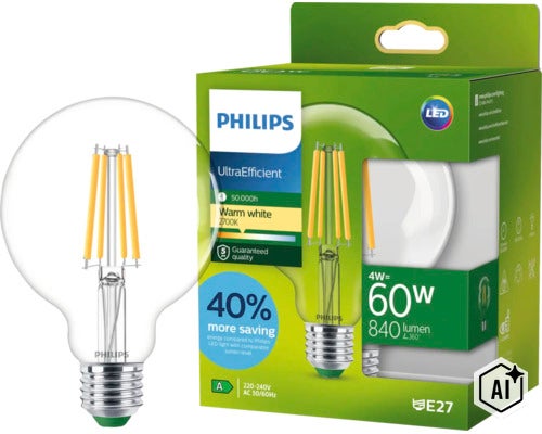 Ampoule LED Philips UltraEfficient avec culot E27, puissance de 4 watts, flux lumineux de 840 lumens, lumière blanc chaud 2700 Kelvin. (Image AI modified or generated)