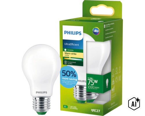 Ampoule LED Philips UltraEfficient 5.2 watts remplace 75 watts 1095 lumens blanc chaud 2700 kelvins culot E27 (Image AI modified or generated)