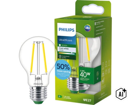 Ampoule LED à filament Philips UltraEfficient E27, 2,3 watts, équivalent 40 watts, 485 lumens, 4000 kelvins, lumière blanche froide en verre. (Image AI modified or generated)