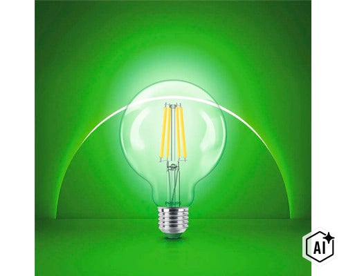 Ampoule LED à filament Philips en forme de globe avec culot E27 (Image AI modified or generated)