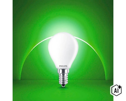 Ampoule LED sphérique Philips E14 avec bulbe en verre mat pour éclairage intérieur (Image AI modified or generated)