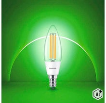 Philips LED Kerzenlampe mit E14 Sockel und sichtbaren Filamentfäden in transparenter Ausführung (Image AI modified or generated)