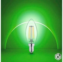 Philips LED Kerzenlampe mit E14 Sockel und sichtbaren Filamentfäden im Glaskolben (Image AI modified or generated)