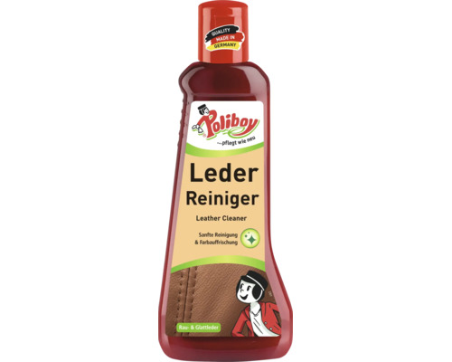 Nettoyant cuir Poliboy pour le nettoyage en douceur et le rafraîchissement des couleurs du cuir velours et du cuir lisse.