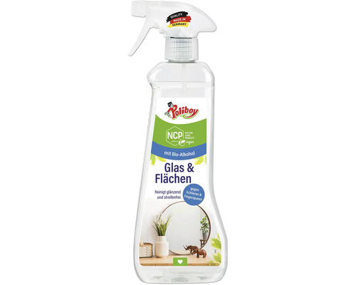 Poliboy Glas und Flächen Reiniger mit Bio Alkohol in der Sprühflasche zur streifenfreien Reinigung von Glasoberflächen.