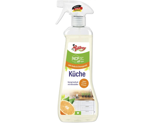 Nettoyant cuisine Poliboy au bicarbonate de soude et à l'huile d'orange dans un flacon pulvérisateur de 500 millilitres pour la cuisine.