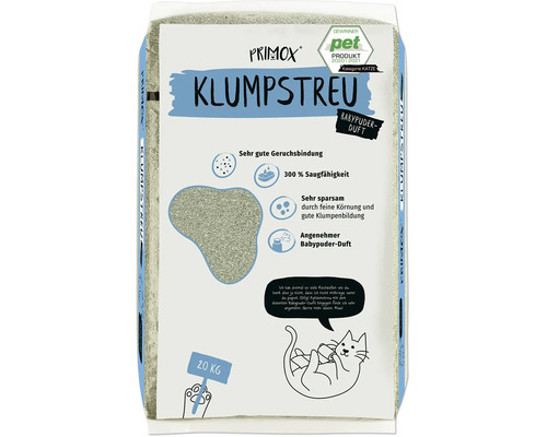 Litière agglomérante pour chat Primox au parfum de poudre pour bébé, sac de 20 kilogrammes, très absorbante, neutralise les odeurs.