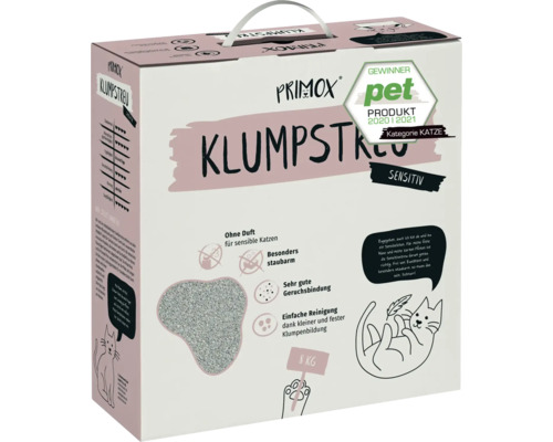 Litière pour chat Primox Klumpstreu Sensitiv en carton de 8 kilogrammes pour chats sensibles sans parfum et peu poussiéreuse