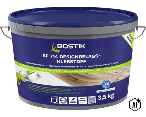 Colle pour revêtements design Bostik SF 714 seau de 3,5 kilogrammes pour revêtements de sol élastiques avec certification Blauer Engel et EC1 Plus. (Image AI modified or generated)