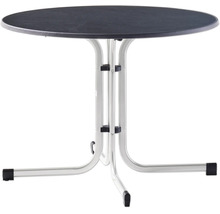 Table pliante ronde avec plateau et structure en métal robuste, utilisable comme table haute ou table d appoint.