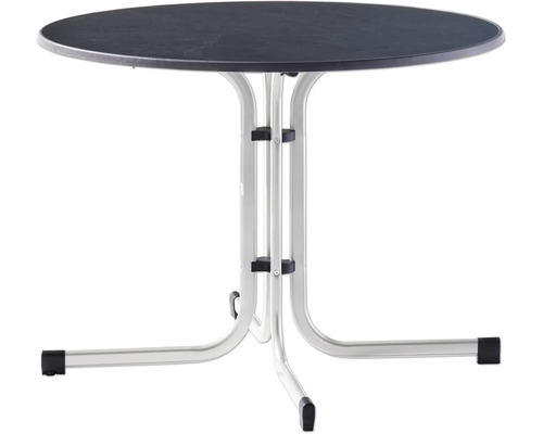Table pliante ronde avec plateau et structure en métal robuste, utilisable comme table haute ou table d appoint.