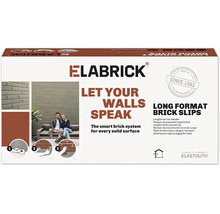 Emballage de plaquettes de parement Elabrick long format avec illustrations d application et un couple devant un mur revêtu de plaquettes.